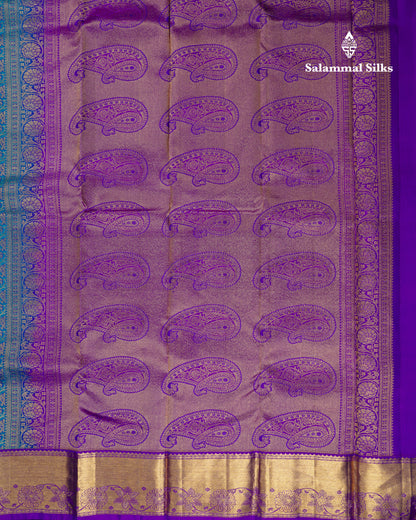 Beautiful Sapphire Blue Bridal Pure Kanjivaram Silk Saree With Contrast Vadamalli Border