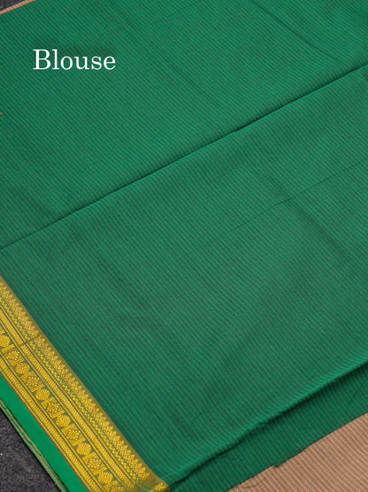 Beautiful Light Grey Thread Lines Semi Silk Cotton Saree With Bottle Green Traditional Border