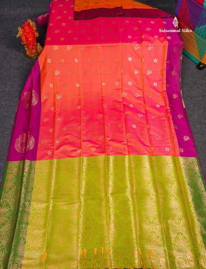 Semi Soft Silk Saree - Pinkish Peach Colour Body Butta With Contrast Fancy Border