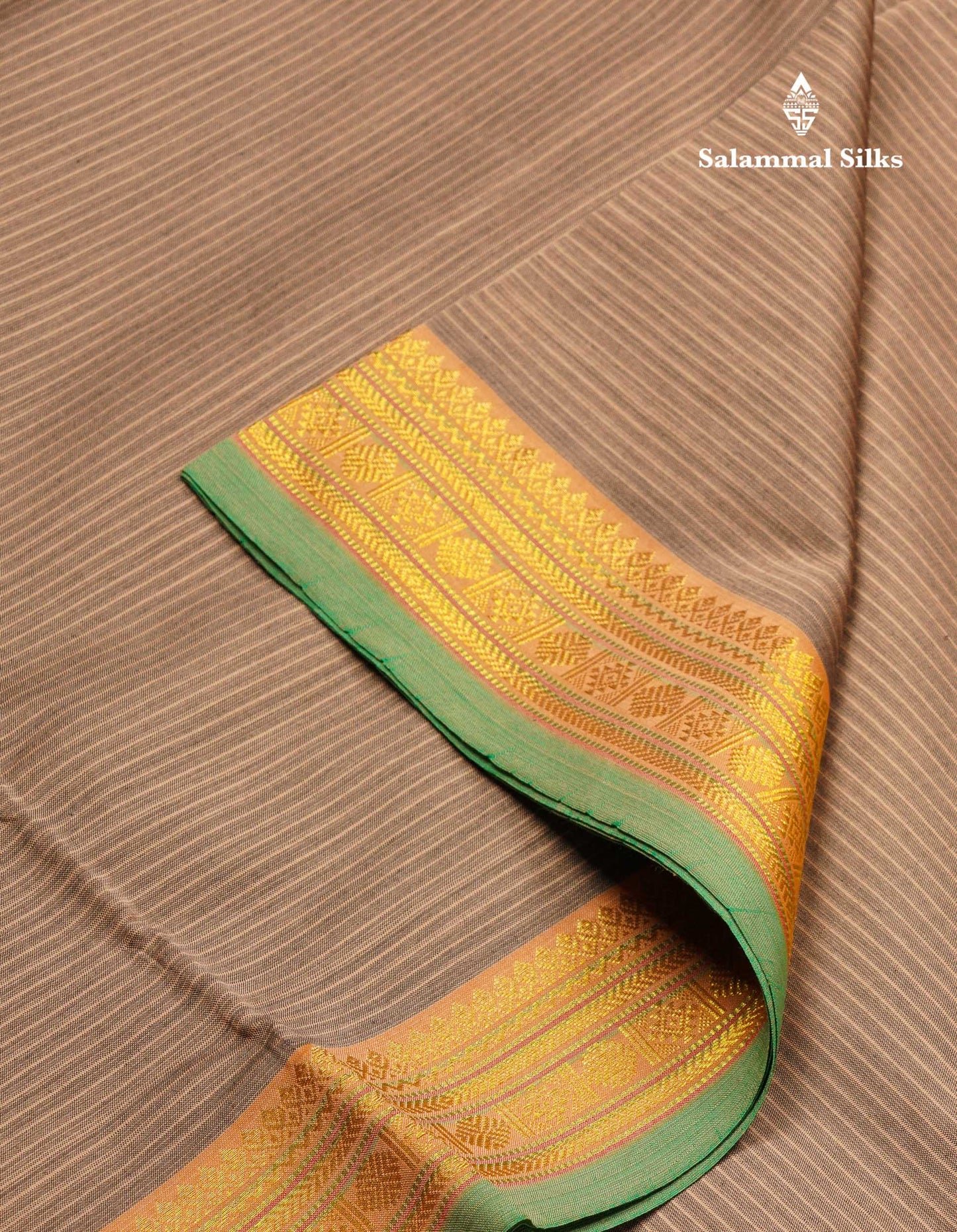 Beautiful Light Grey Thread Lines Semi Silk Cotton Saree With Bottle Green Traditional Border