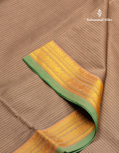 Beautiful Light Grey Thread Lines Semi Silk Cotton Saree With Bottle Green Traditional Border