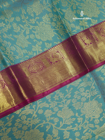 Kanjivaram Beautiful Sea Blue Pure Silk Saree With Contrast Magenta Traditional Border