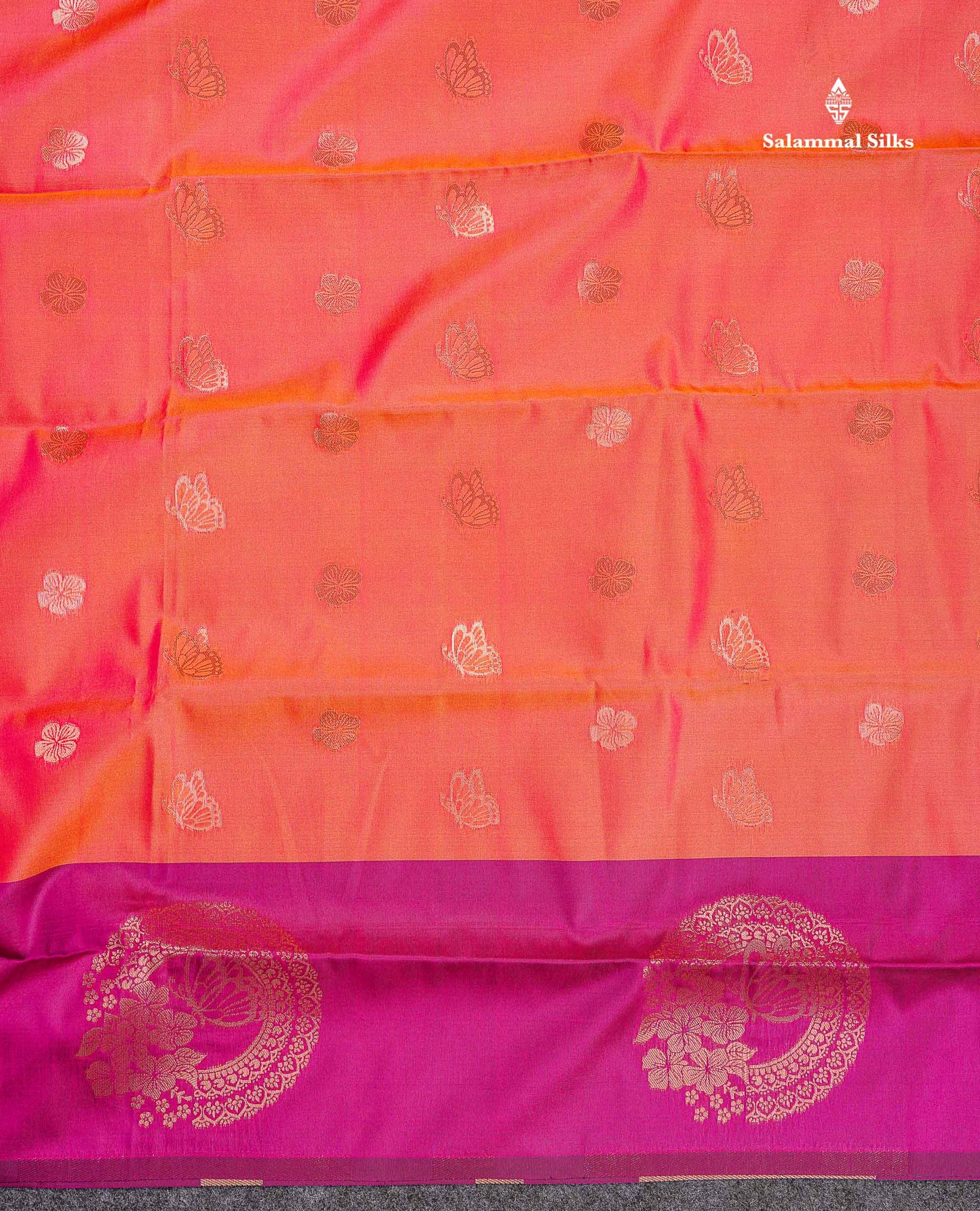 Semi Soft Silk Saree - Pinkish Peach Colour Body Butta With Contrast Fancy Border