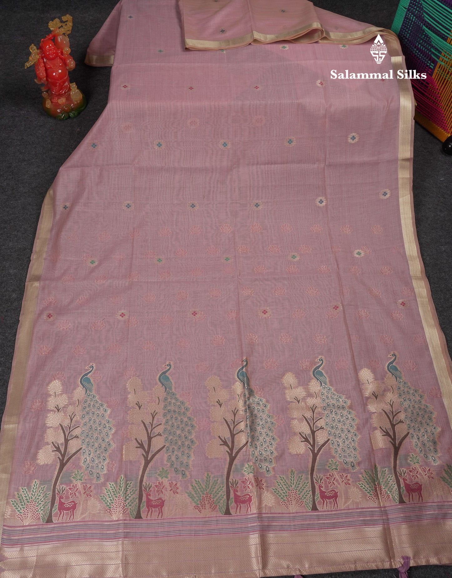 Beautiful Cream Menakari Work Muga Cotton Saree With Butta Blouse