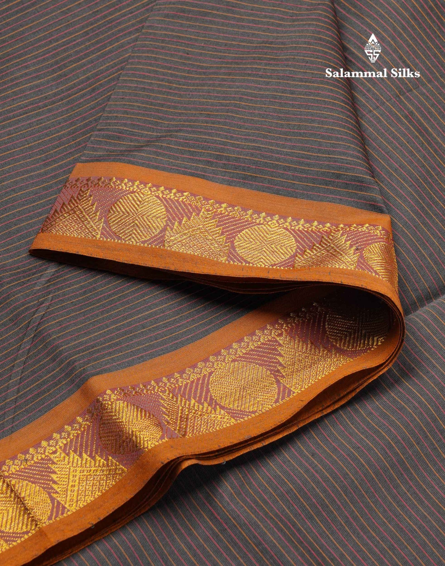 Beautiful Grey Thread Lines Semi Silk Cotton Saree With Mustrad Yellow Traditional Border