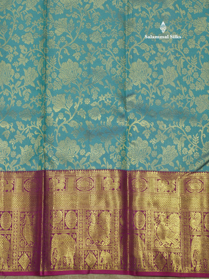 Kanjivaram Beautiful Sea Blue Pure Silk Saree With Contrast Magenta Traditional Border