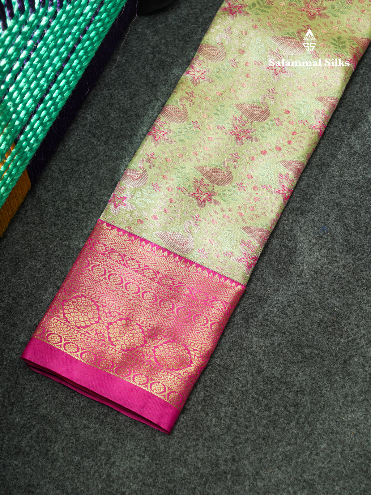 Semi Pattu Pavadai Tissue ( Light Green ) With Magenta Pink Blouse 18"