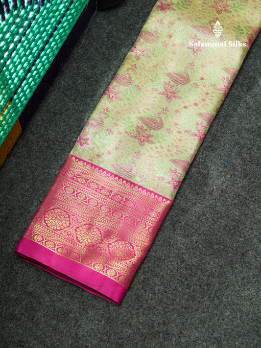 Semi Pattu Pavadai Tissue ( Light Green ) With Magenta Pink Blouse 18"