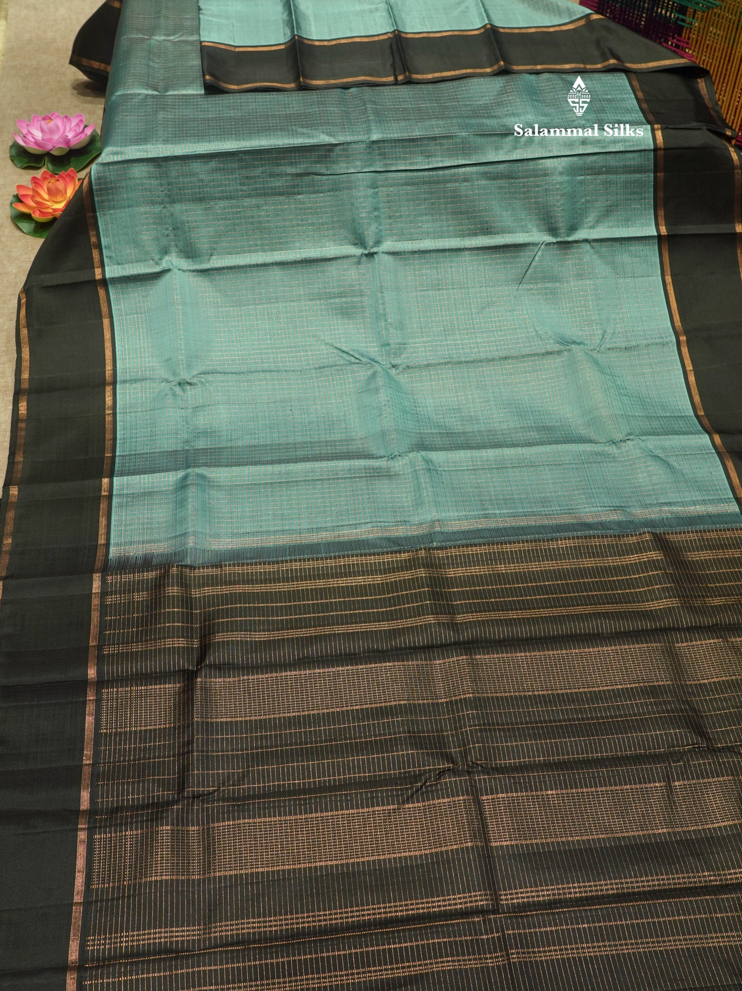 Sea Blue Tiny Zari Checks Kanjivaram Pure Silk Saree With Contrast Black Gap Border