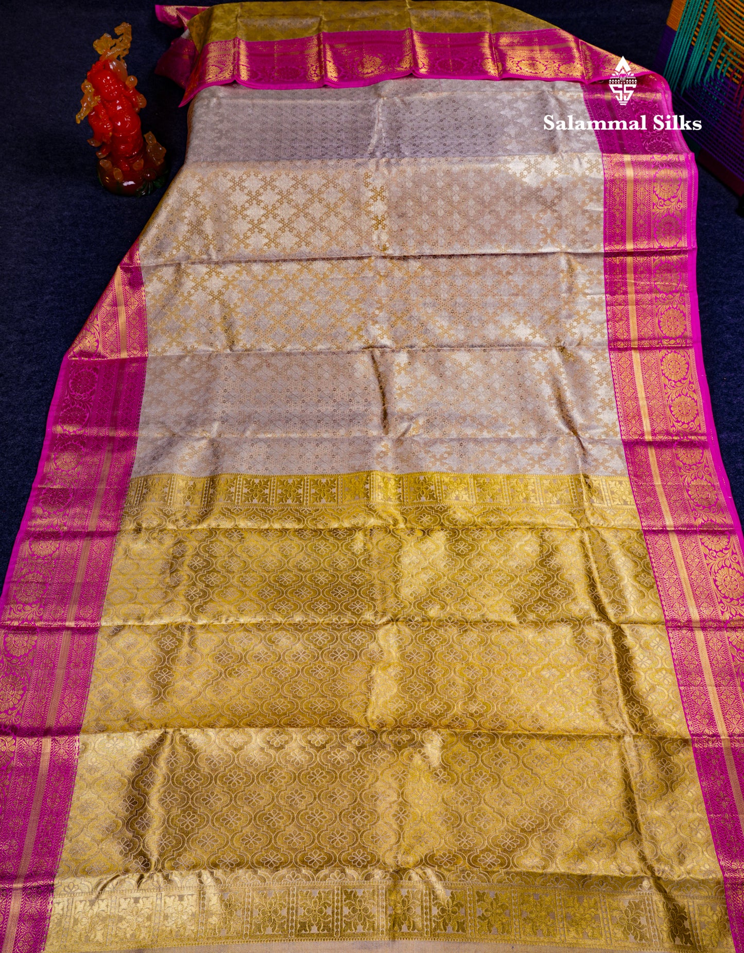 Beautiful Cream Sandal Tissue Bridal Pure Mix Kanjivaram Silk Saree With Contrast Pink Traditional Border