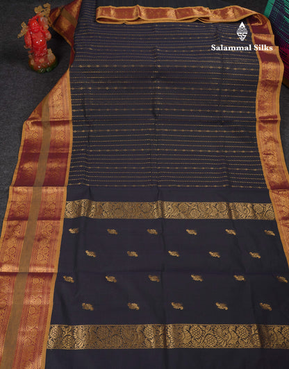 Beautiful Dark Brown Pure Cotton Saree With Contrast Olive Mustard Yellow Traditional Gap Border