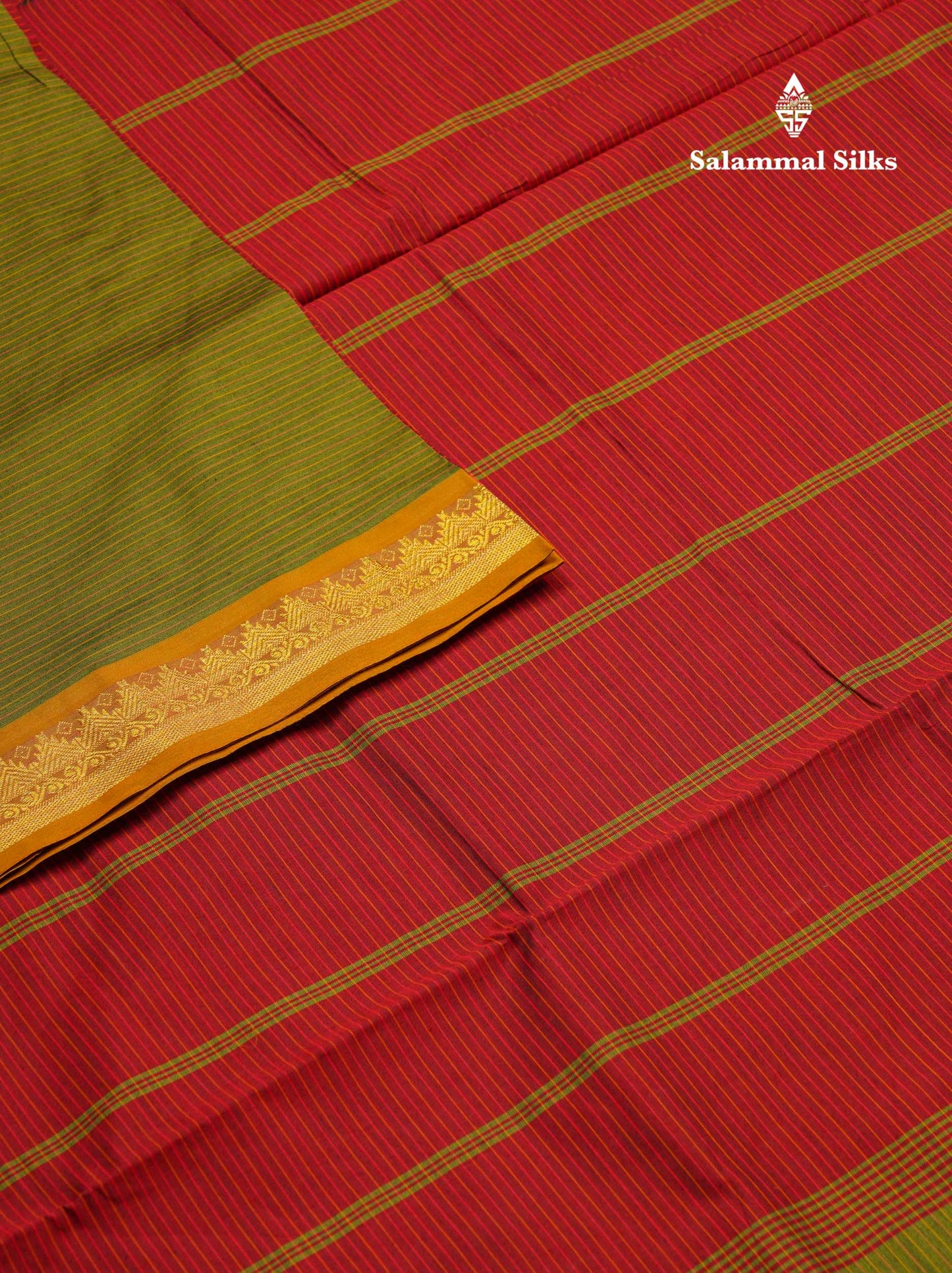 Beautiful Olive Green Thread Lines Semi Silk Cotton Saree With Maroon Traditional Border