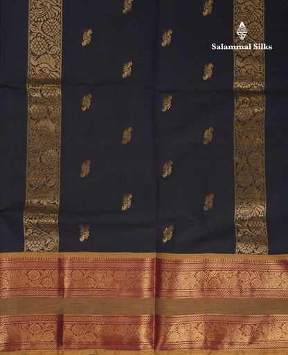 Beautiful Dark Brown Pure Cotton Saree With Contrast Olive Mustard Yellow Traditional Gap Border