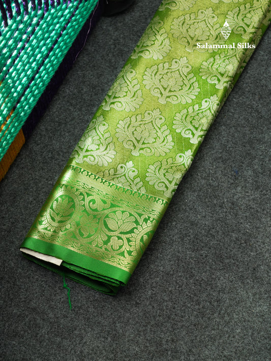 Semi Silk Pattu Pavadai (Elachi Green Colour Tissue) With Parrot Green Blouse 18"