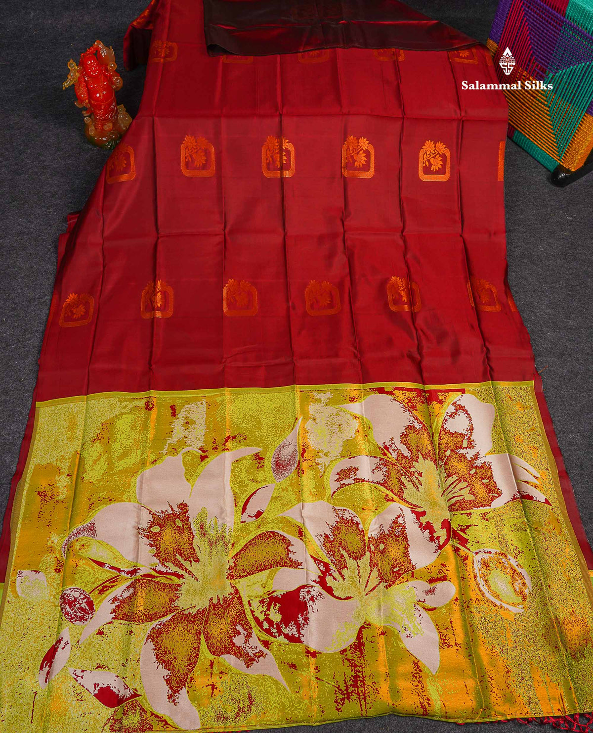 Semi Soft Silk Saree - Maroon Colour Body With Contrast Parrot Green Blouse