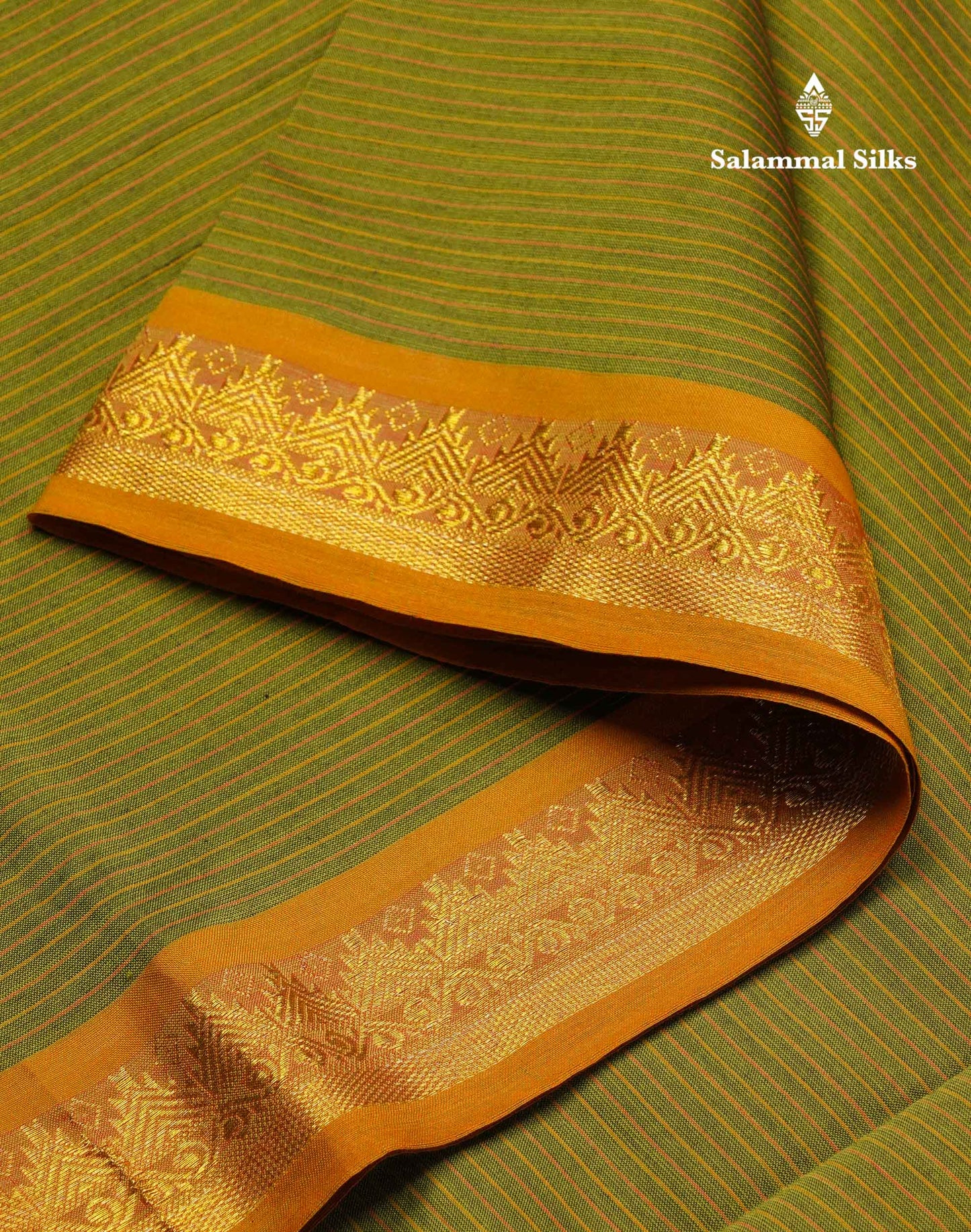 Beautiful Olive Green Thread Lines Semi Silk Cotton Saree With Maroon Traditional Border