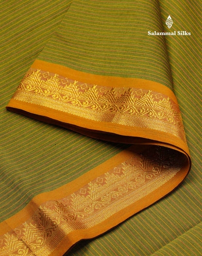 Beautiful Olive Green Thread Lines Semi Silk Cotton Saree With Maroon Traditional Border