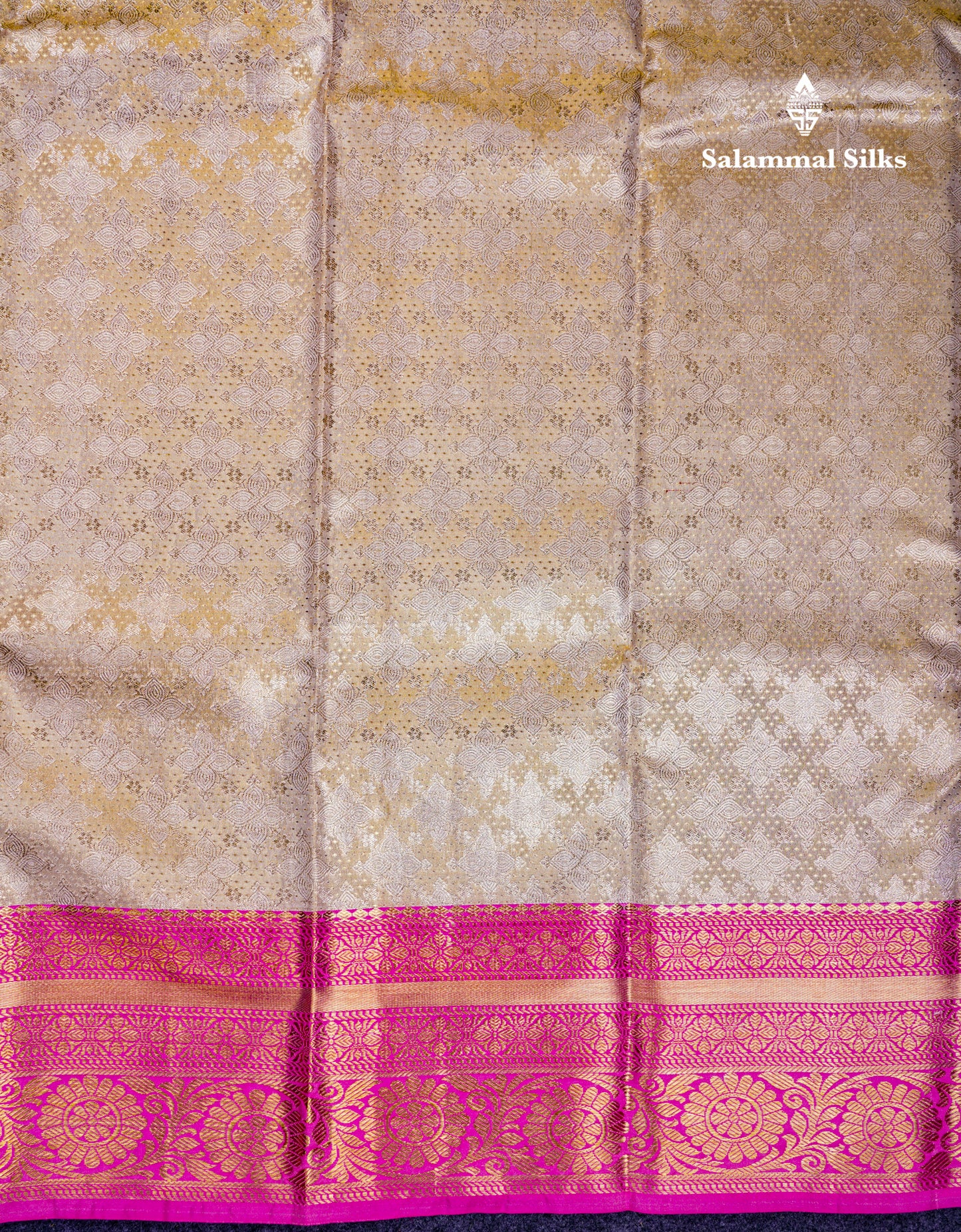 Beautiful Cream Sandal Tissue Bridal Pure Mix Kanjivaram Silk Saree With Contrast Pink Traditional Border