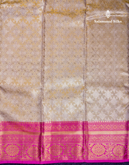 Beautiful Cream Sandal Tissue Bridal Pure Mix Kanjivaram Silk Saree With Contrast Pink Traditional Border