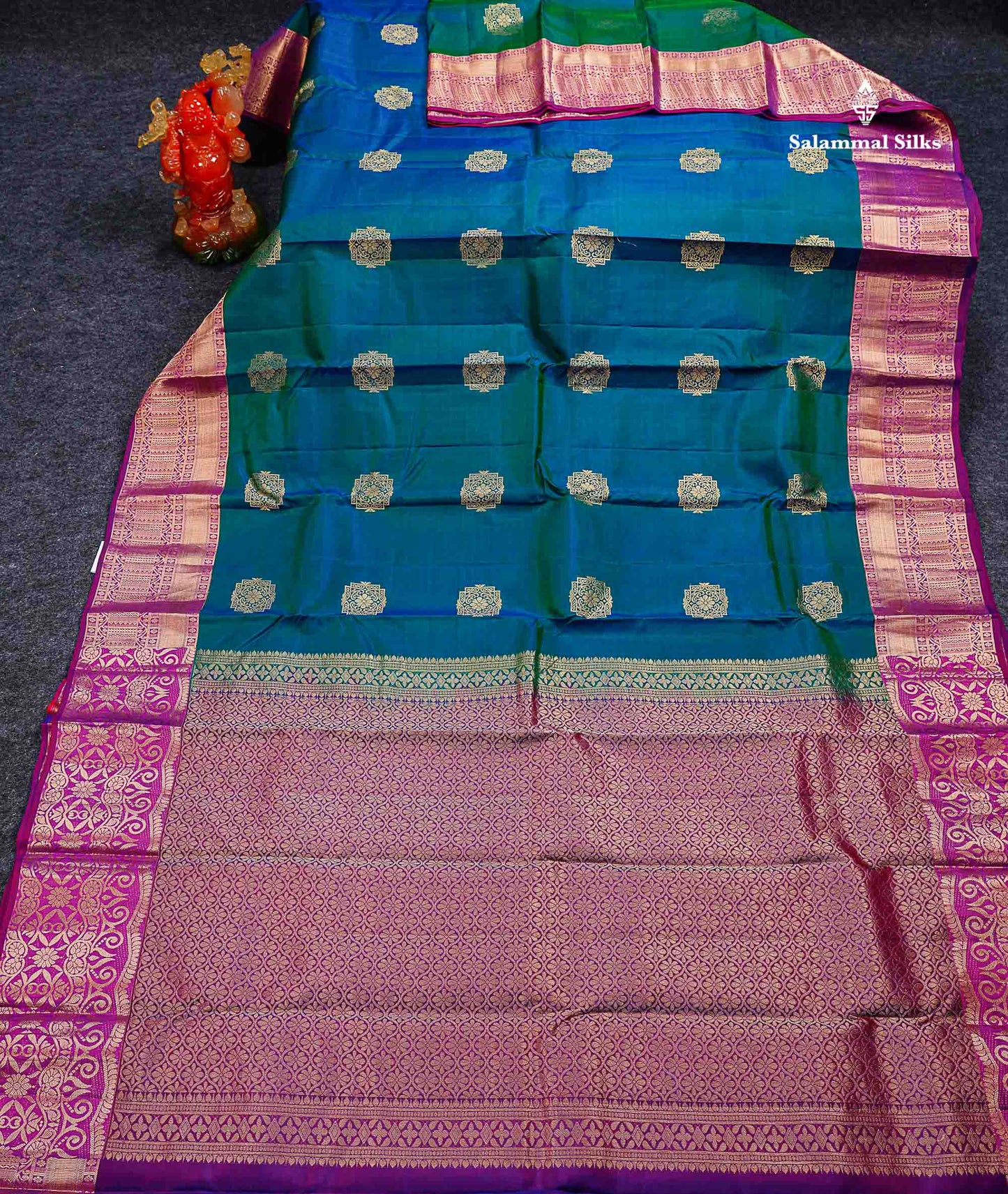Beautiful Dual Tone Peacock Blue PureMix Silk Saree With Contrast Purple Traditional Border