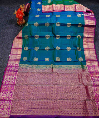 Beautiful Dual Tone Peacock Blue PureMix Silk Saree With Contrast Purple Traditional Border