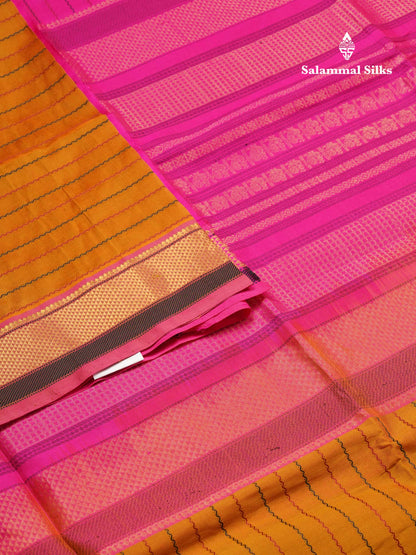 Beautiful Mustard Yellow Thread Work Pure Silk Cotton Saree With Contrast Pink Blouse