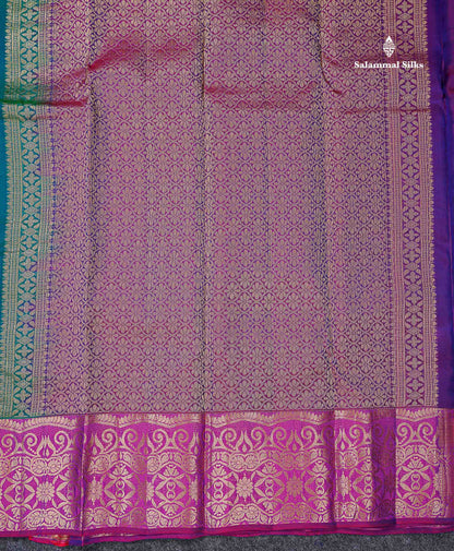 Beautiful Dual Tone Peacock Blue PureMix Silk Saree With Contrast Purple Traditional Border
