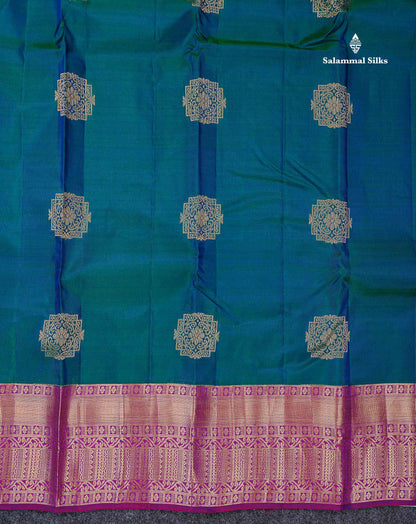 Beautiful Dual Tone Peacock Blue PureMix Silk Saree With Contrast Purple Traditional Border