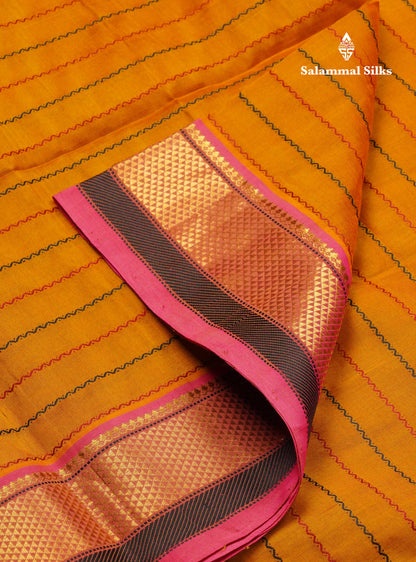 Beautiful Mustard Yellow Thread Work Pure Silk Cotton Saree With Contrast Pink Blouse