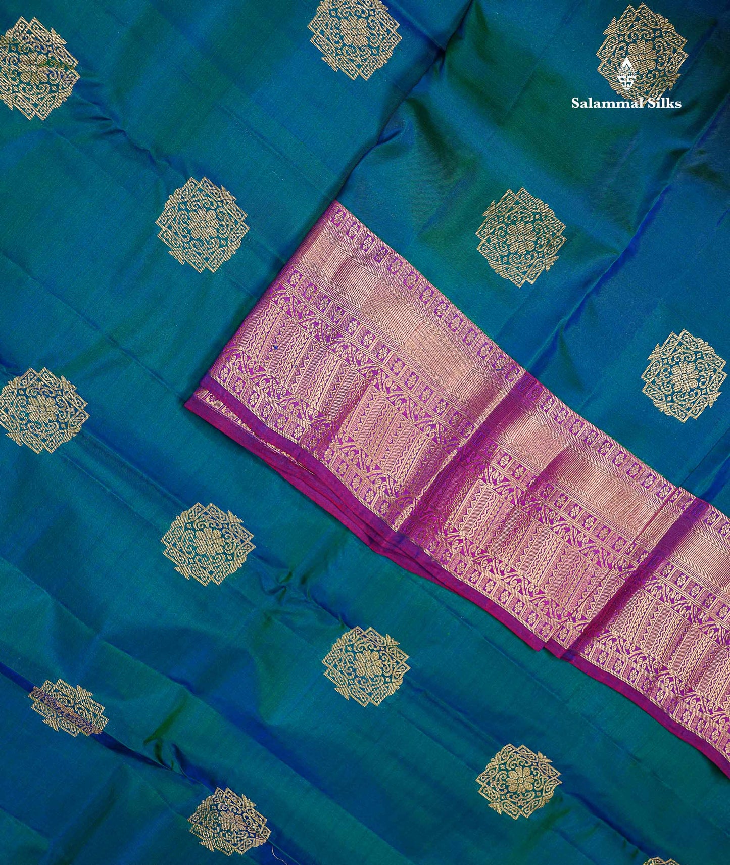 Beautiful Dual Tone Peacock Blue PureMix Silk Saree With Contrast Purple Traditional Border