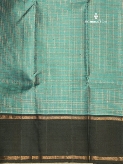 Sea Blue Tiny Zari Checks Kanjivaram Pure Silk Saree With Contrast Black Gap Border