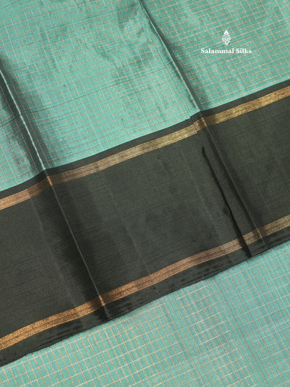 Sea Blue Tiny Zari Checks Kanjivaram Pure Silk Saree With Contrast Black Gap Border