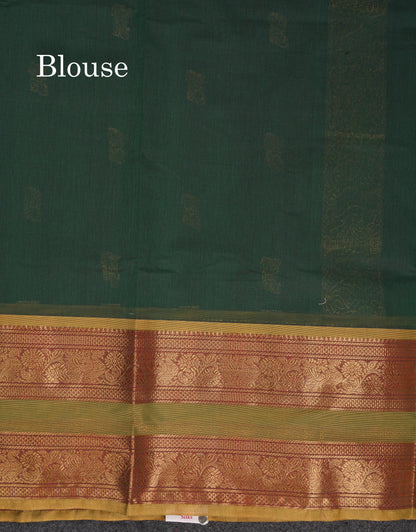 Beautiful Dark Brown Pure Cotton Saree With Contrast Olive Mustard Yellow Traditional Gap Border