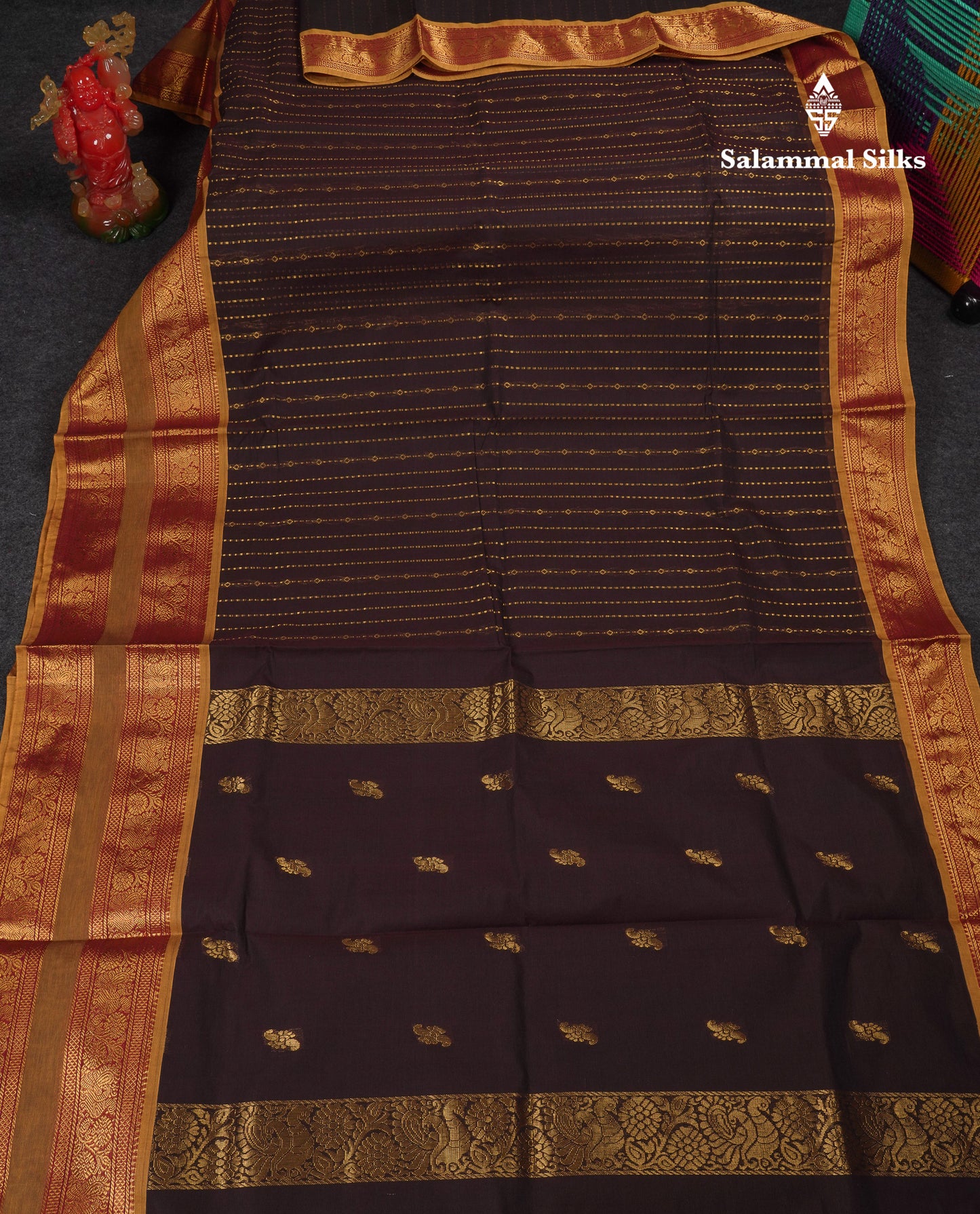 Beautiful Dark Brown Pure Cotton Saree With Contrast Olive Mustard Yellow Traditional Gap Border