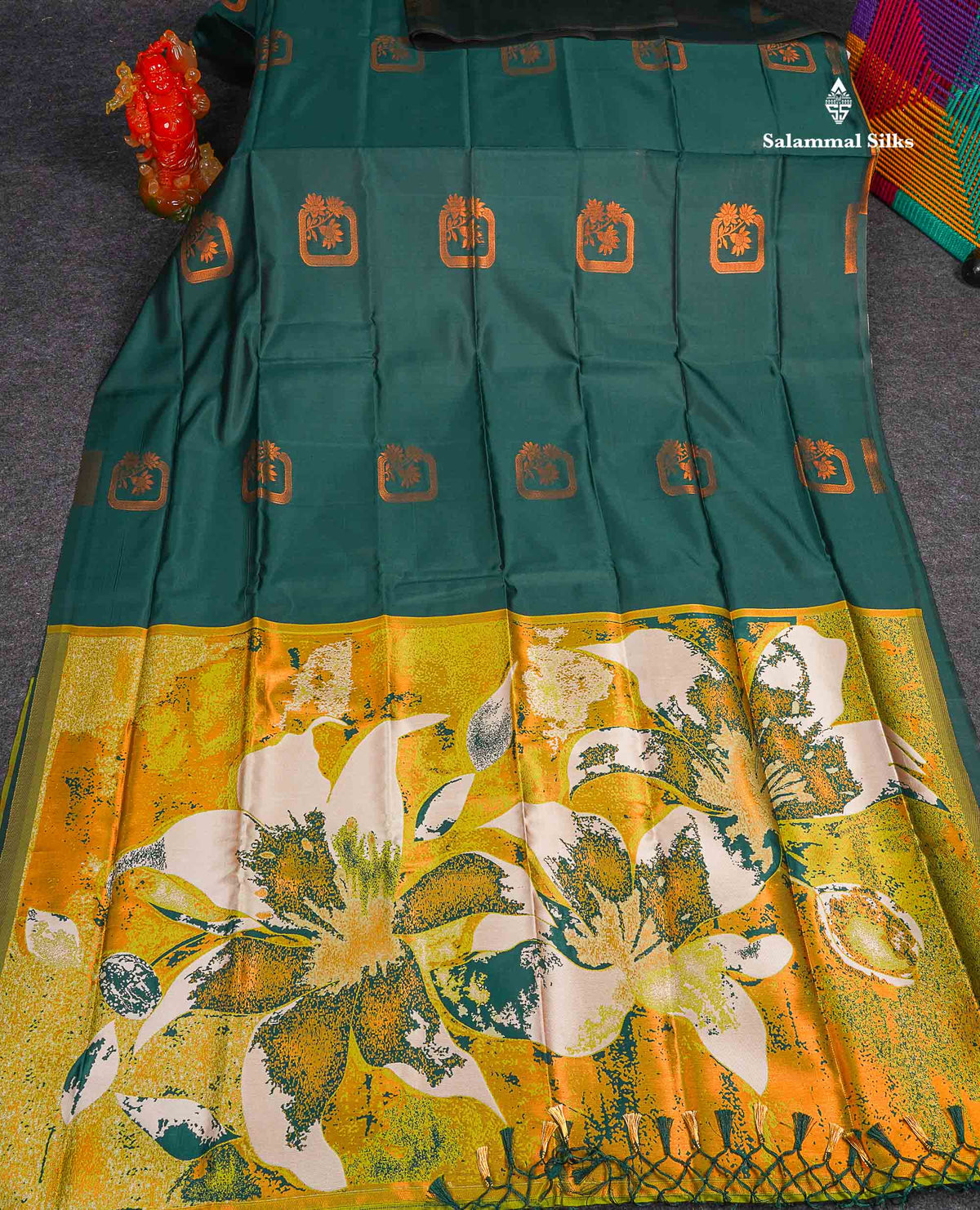 Semi Soft Silk Saree - Teal Green Colour Body With Contrast Parrot Green Blouse