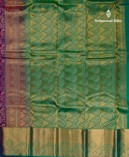 Beautiful Violet Bridal Pure Kanjivaram Silk Saree With Contrast Saffire Green Border