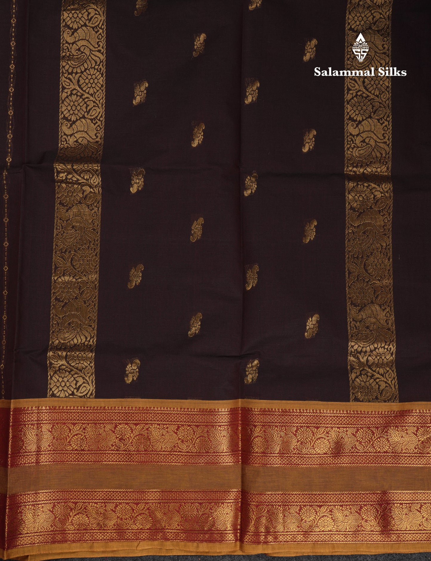 Beautiful Dark Brown Pure Cotton Saree With Contrast Olive Mustard Yellow Traditional Gap Border