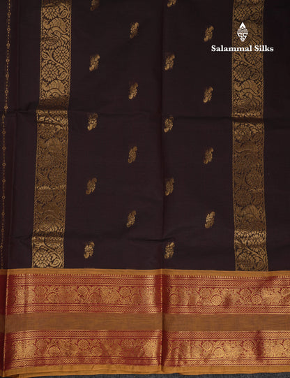 Beautiful Dark Brown Pure Cotton Saree With Contrast Olive Mustard Yellow Traditional Gap Border