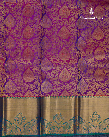 Beautiful Violet Bridal Pure Kanjivaram Silk Saree With Contrast Saffire Green Border