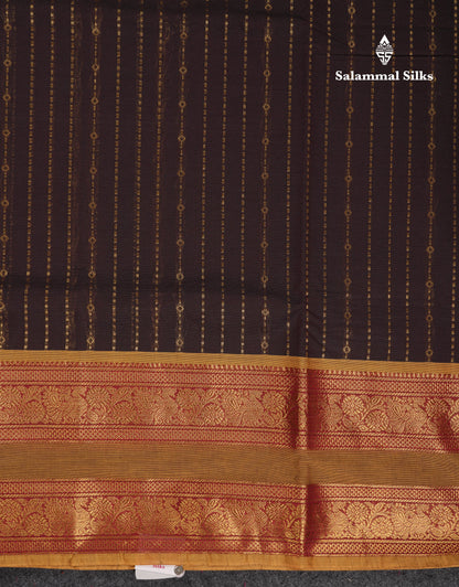 Beautiful Dark Brown Pure Cotton Saree With Contrast Olive Mustard Yellow Traditional Gap Border