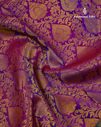 Beautiful Violet Bridal Pure Kanjivaram Silk Saree With Contrast Saffire Green Border