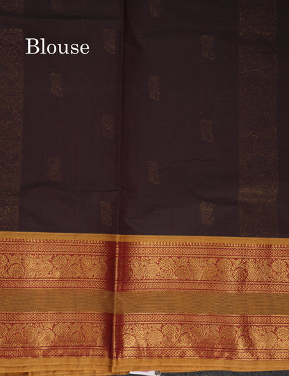 Beautiful Dark Brown Pure Cotton Saree With Contrast Olive Mustard Yellow Traditional Gap Border