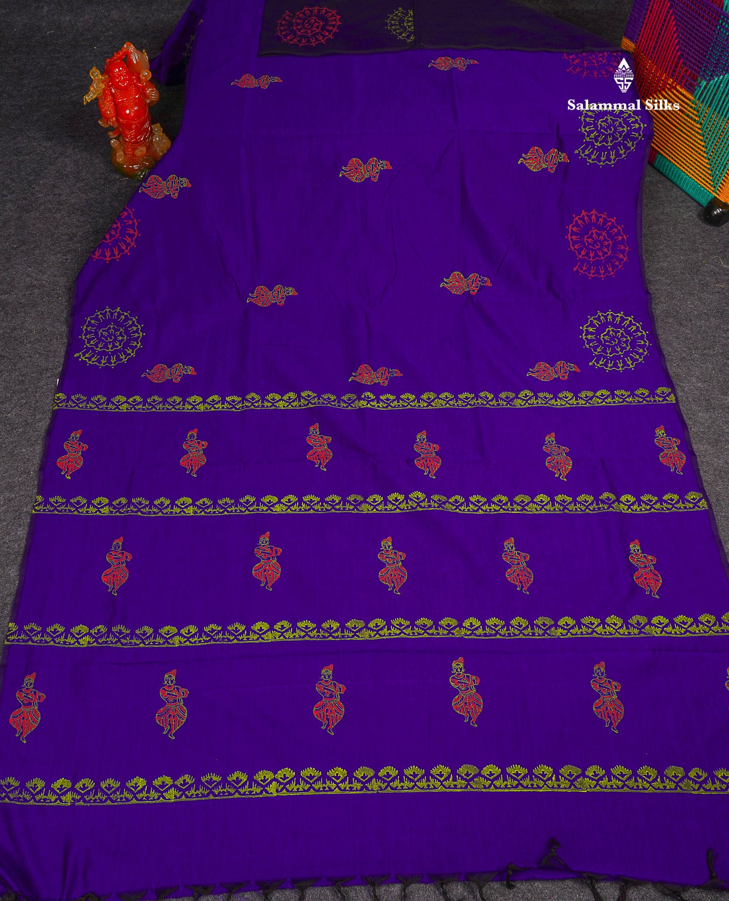 Beautiful Purple South Cotton Printed Saree With Contrast Parrot Green Blouse