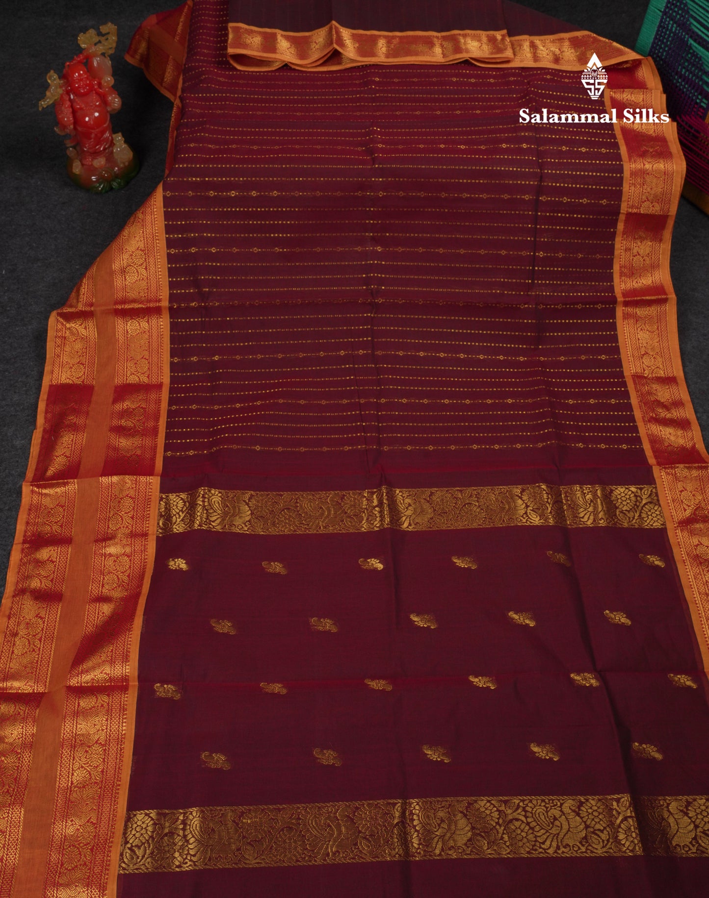 Beautiful Dark Brown Pure Cotton Saree With Contrast Olive Mustard Yellow Traditional Gap Border