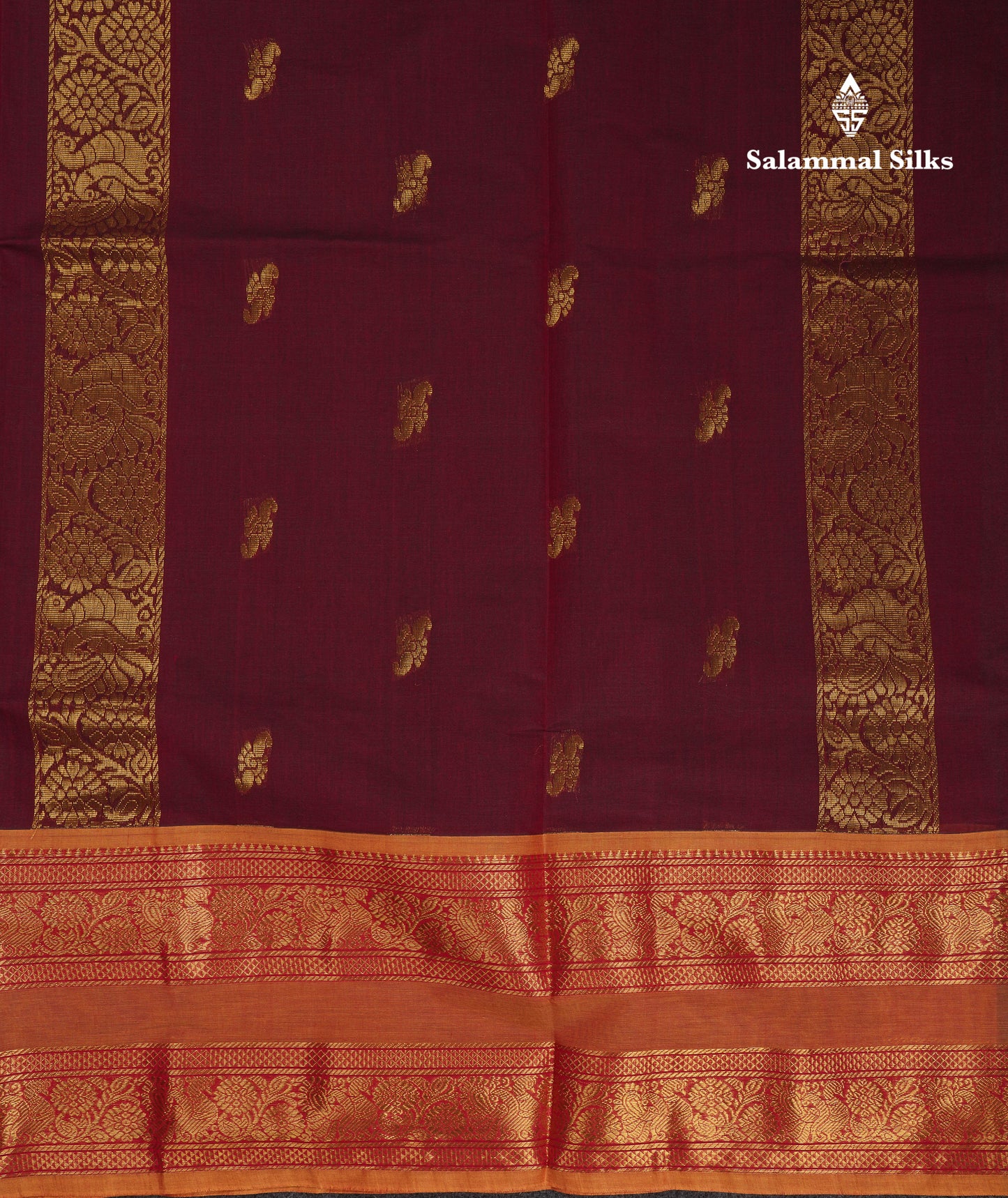 Beautiful Dark Brown Pure Cotton Saree With Contrast Olive Mustard Yellow Traditional Gap Border