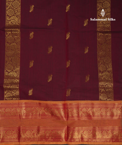 Beautiful Dark Brown Pure Cotton Saree With Contrast Olive Mustard Yellow Traditional Gap Border