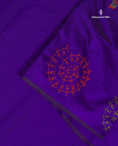 Beautiful Purple South Cotton Printed Saree With Contrast Parrot Green Blouse