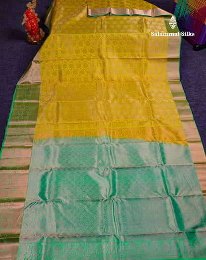 Beautiful Lemon Yellow Bridal Pure Kanjivaram Silk Saree With Contrast Elaichi Green Traditional Evening Morning Border