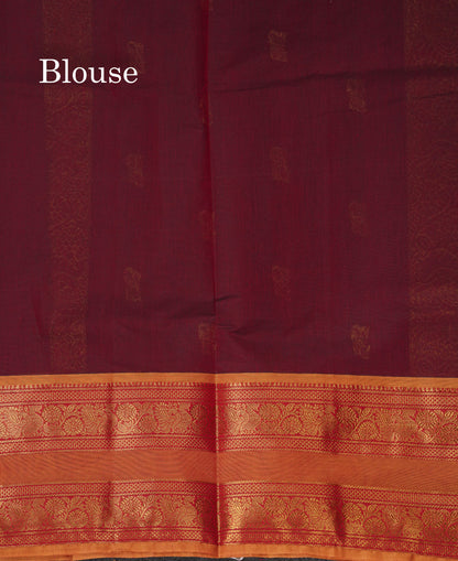 Beautiful Dark Brown Pure Cotton Saree With Contrast Olive Mustard Yellow Traditional Gap Border