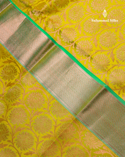 Beautiful Lemon Yellow Bridal Pure Kanjivaram Silk Saree With Contrast Elaichi Green Traditional Evening Morning Border